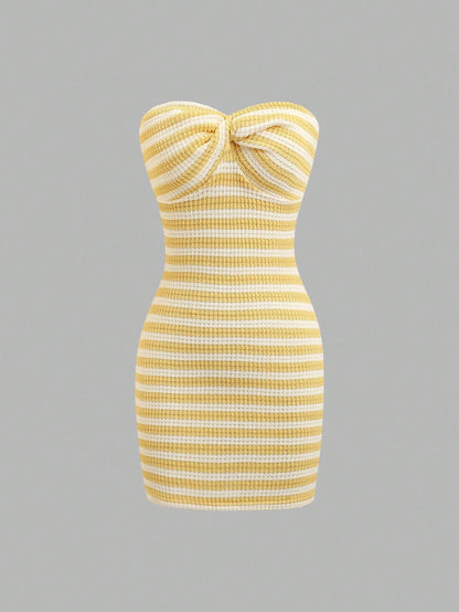 Sweetra Women's Contrast Stripe Backless Knit Tube Top Bodycon Mini Dress, Summer