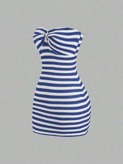 Sweetra Women's Contrast Stripe Backless Knit Tube Top Bodycon Mini Dress, Summer