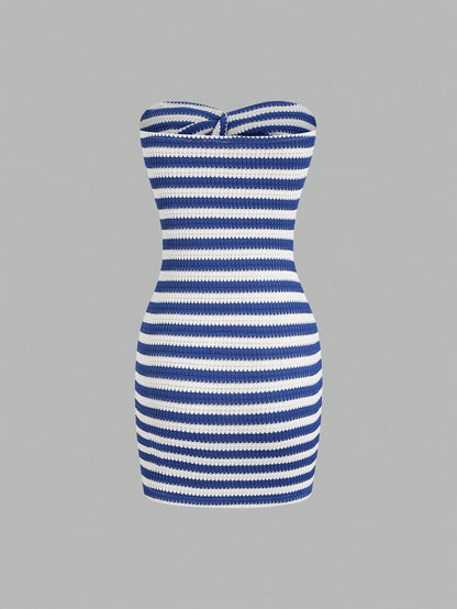 Sweetra Women's Contrast Stripe Backless Knit Tube Top Bodycon Mini Dress, Summer