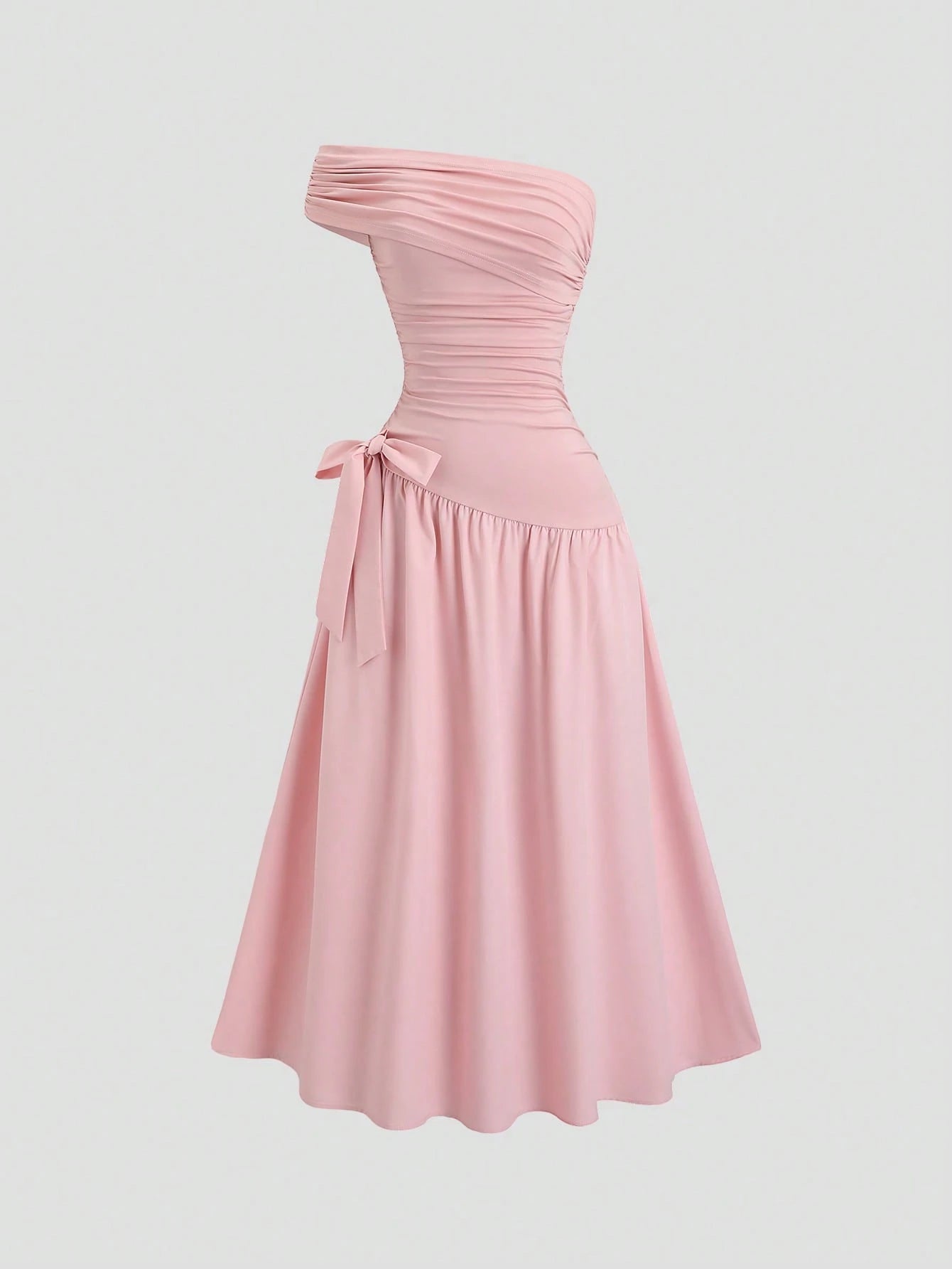 Sweetra Women's Elegant Asymmetrical Hem Long Slanting Shoulder Summer Dress, Pink