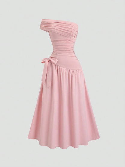 Sweetra Women's Elegant Asymmetrical Hem Long Slanting Shoulder Summer Dress, Pink