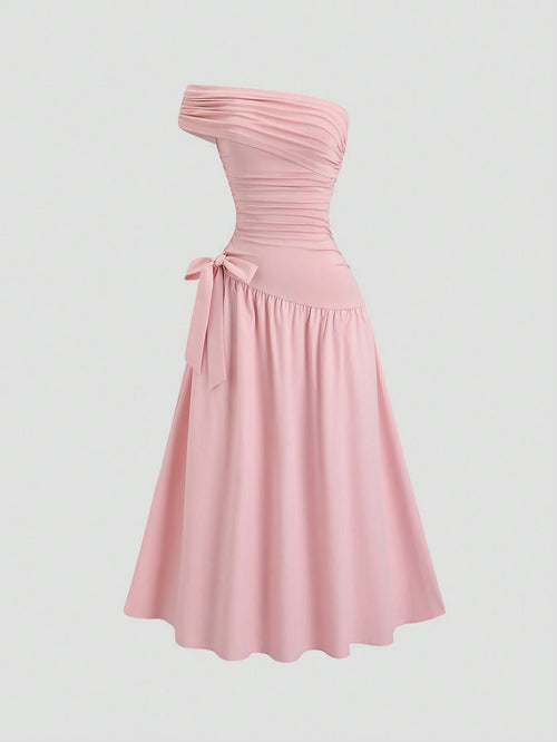 Sweetra Women's Elegant Asymmetrical Hem Long Slanting Shoulder Summer Dress, Pink