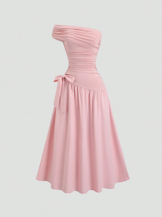Sweetra Women's Elegant Asymmetrical Hem Long Slanting Shoulder Summer Dress, Pink