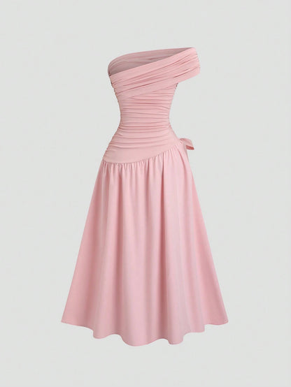 Sweetra Women's Elegant Asymmetrical Hem Long Slanting Shoulder Summer Dress, Pink