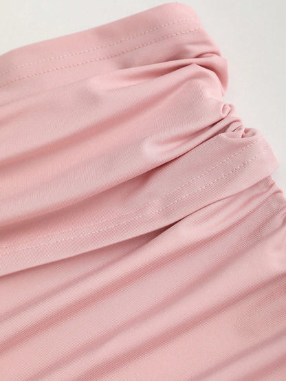 Sweetra Women's Elegant Asymmetrical Hem Long Slanting Shoulder Summer Dress, Pink