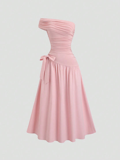 Sweetra Women's Elegant Asymmetrical Hem Long Slanting Shoulder Summer Dress, Pink