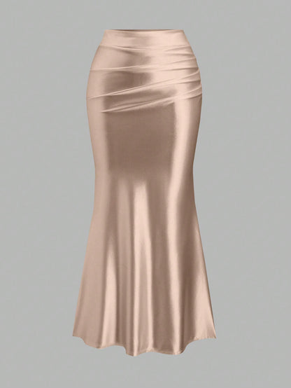 Sweetra Women's Elegant Khaki Plain Fabric Mermaid Midi Skirt With Zipper Detail