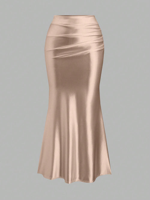 Sweetra Women's Elegant Khaki Plain Fabric Mermaid Midi Skirt With Zipper Detail