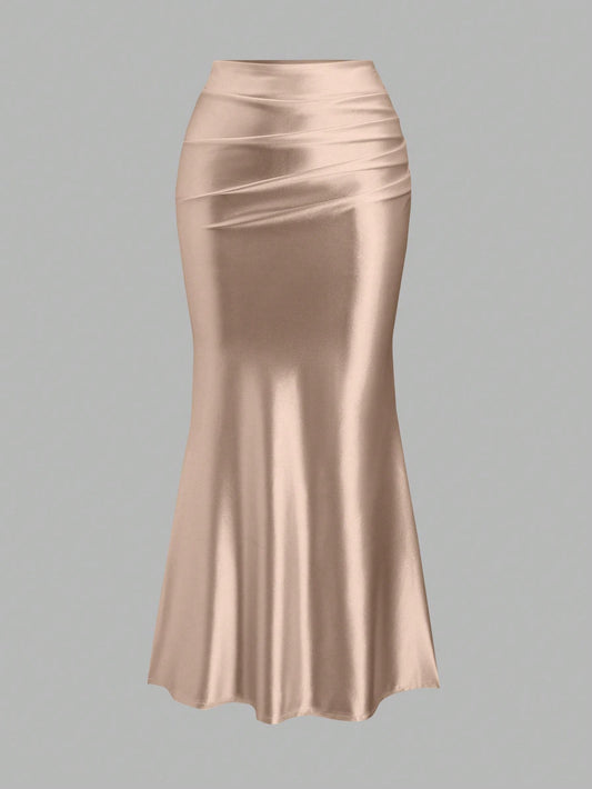 Sweetra Women's Elegant Khaki Plain Fabric Mermaid Midi Skirt With Zipper Detail