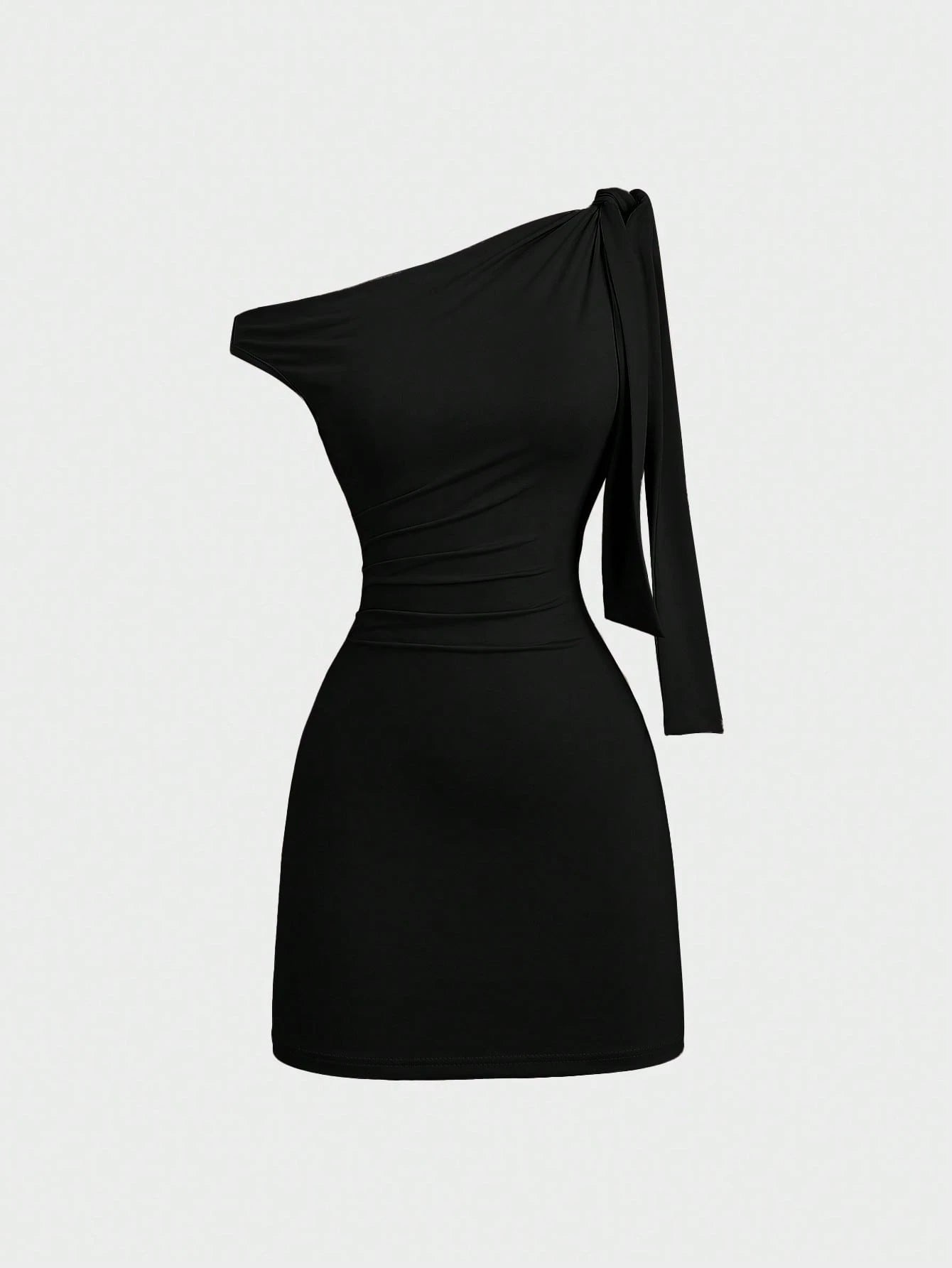 Sweetra Women's Oblique Shoulder Flounce Sexy Bodycon Dress, Waist Cinching, Bodycon, French Chic Mini Dress
