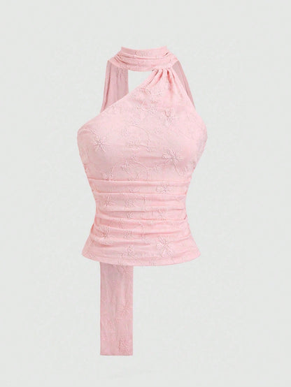 Sweetra Women's Romantic Pink Chiffon Halter Neck Backless Halter Top, Soft And Breezy Summer Beach