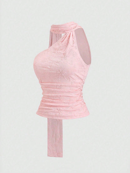 Sweetra Women's Romantic Pink Chiffon Halter Neck Backless Halter Top, Soft And Breezy Summer Beach