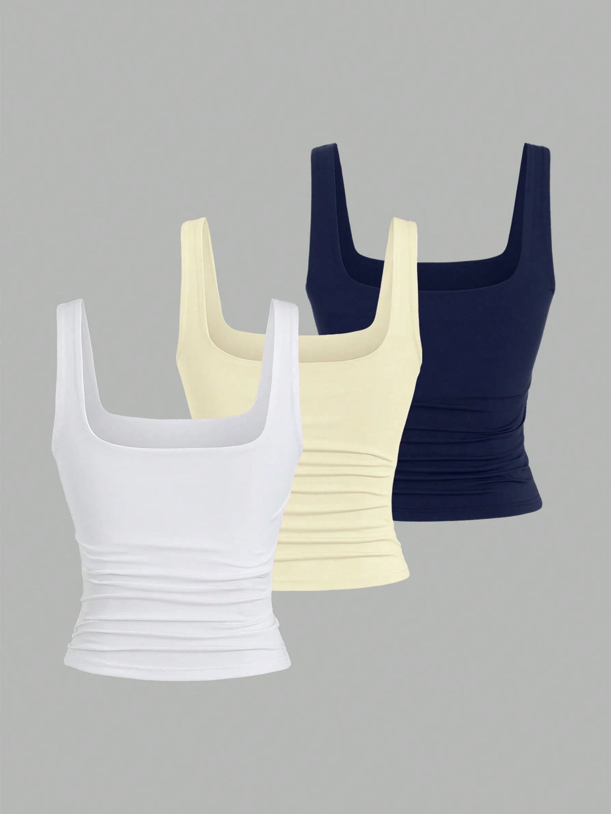 Sweetra Women's Solid Color Square Neck Pleated Fitted Casual Tank Top 3 Packs Tops Tank Tops Women Top