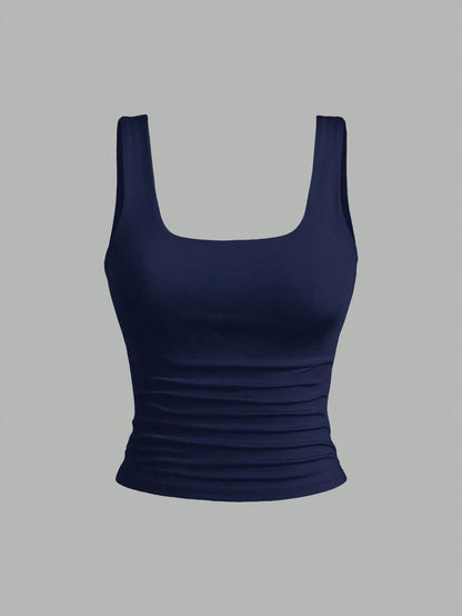 Sweetra Women's Solid Color Square Neck Pleated Fitted Casual Tank Top 3 Packs Tops Tank Tops Women Top