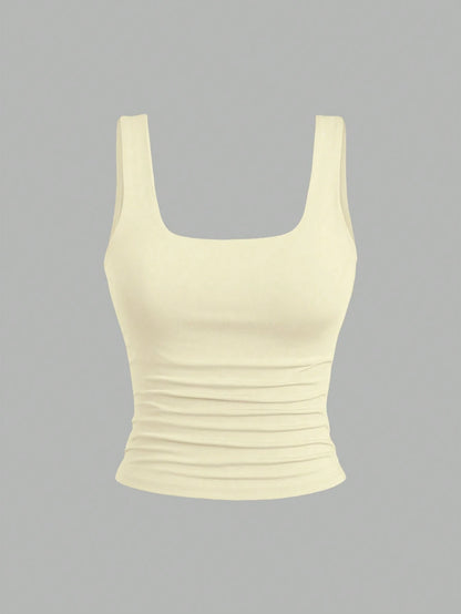 Sweetra Women's Solid Color Square Neck Pleated Fitted Casual Tank Top 3 Packs Tops Tank Tops Women Top