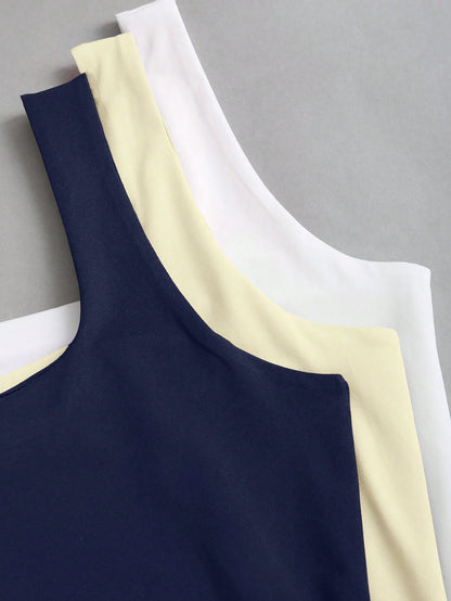 Sweetra Women's Solid Color Square Neck Pleated Fitted Casual Tank Top 3 Packs Tops Tank Tops Women Top