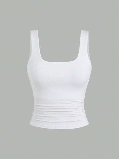 Sweetra Women's Solid Color Square Neck Pleated Fitted Casual Tank Top 3 Packs Tops Tank Tops Women Top
