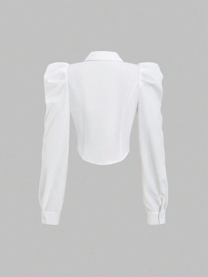 Sweetra Women's Spring/Summer Casual Gigot Sleeve Fitted Solid Color Shirt Fall Cloth For Women