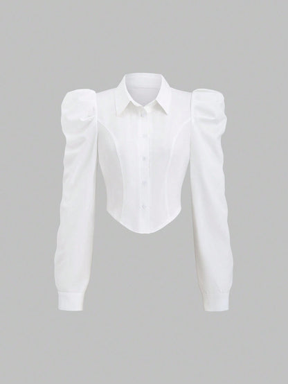 Sweetra Women's Spring/Summer Casual Gigot Sleeve Fitted Solid Color Shirt Fall Cloth For Women