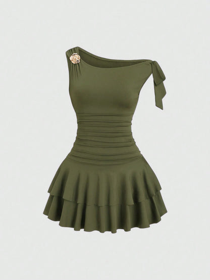 Sweetra Women's Summer Fashion Solid Color Asymmetric Neck Mini Dress