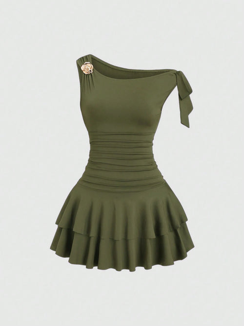 Sweetra Women's Summer Fashion Solid Color Asymmetric Neck Mini Dress