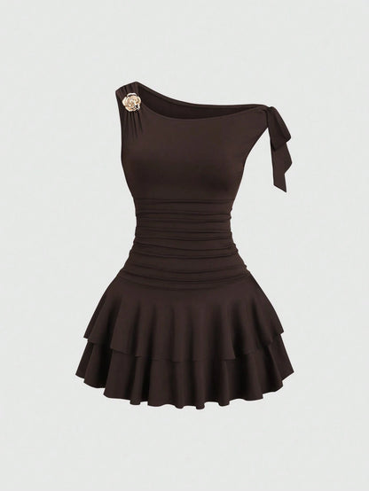 Sweetra Women's Summer Fashion Solid Color Asymmetric Neck Mini Dress