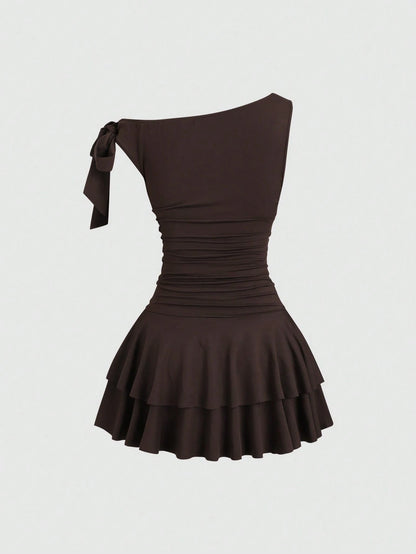 Sweetra Women's Summer Fashion Solid Color Asymmetric Neck Mini Dress