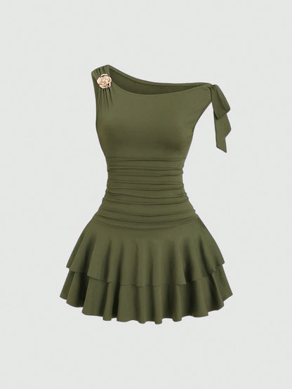 Sweetra Women's Summer Fashion Solid Color Asymmetric Neck Mini Dress