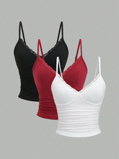 Sweetra Women's Y2K Sexy Lace Trim Ruched 3pcs Set