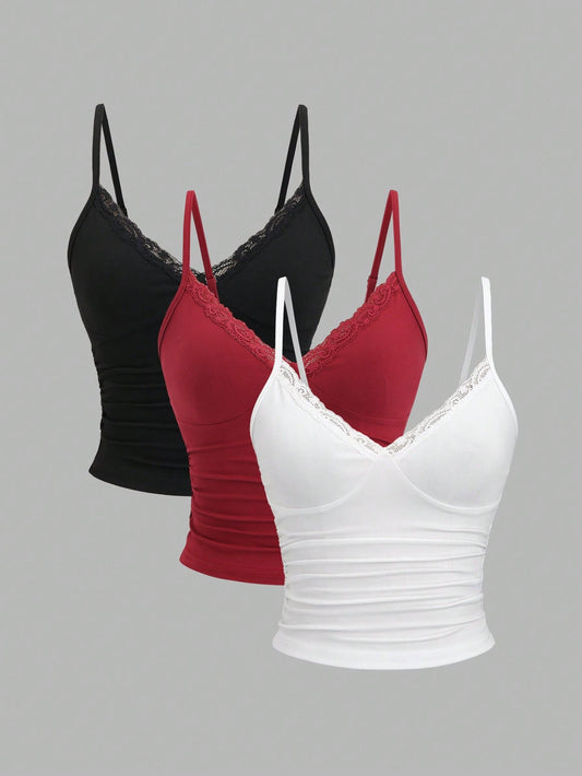 Sweetra Women's Y2K Sexy Lace Trim Ruched 3pcs Set