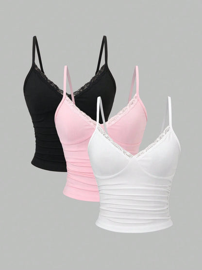 Sweetra Women's Y2K Sexy Lace Trim Ruched 3pcs Set