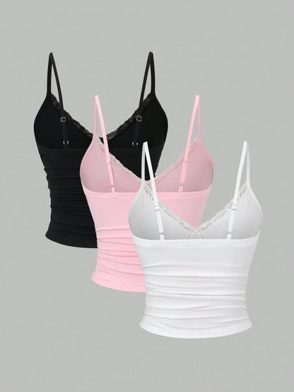 Sweetra Women's Y2K Sexy Lace Trim Ruched 3pcs Set