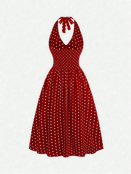 Sweetra Women Summer Casual Holiday Polka Dot Print Halter Backless Dress