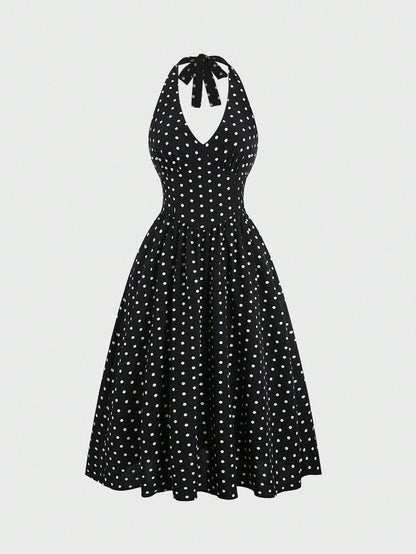Sweetra Women Summer Casual Holiday Polka Dot Print Halter Backless Dress