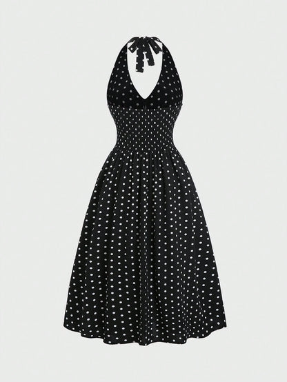 Sweetra Women Summer Casual Holiday Polka Dot Print Halter Backless Dress