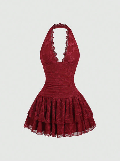 Sweetra Y2K Sexy Lace Halter Elegant Sweet Pleated Chiffon Dress, Suitable For Commuting