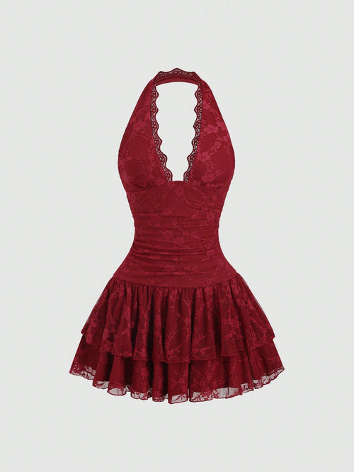 Sweetra Y2K Sexy Lace Halter Elegant Sweet Pleated Chiffon Dress, Suitable For Commuting