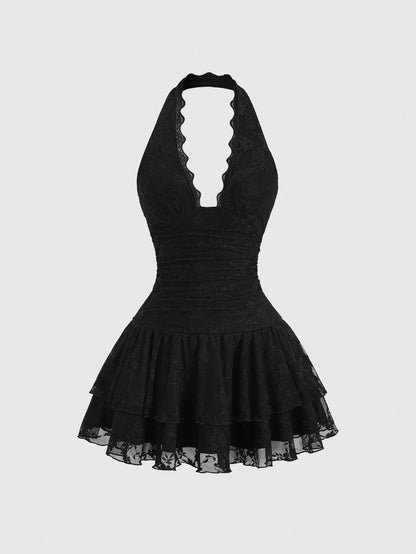 Sweetra Y2K Sexy Lace Halter Elegant Sweet Pleated Chiffon Dress, Suitable For Commuting