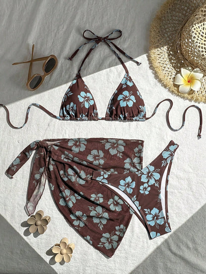 Swim Basics 3pcs/Set Floral Print Halter Neck Bikini With Tie Knot Mini Skirt For Summer Beach Vacation