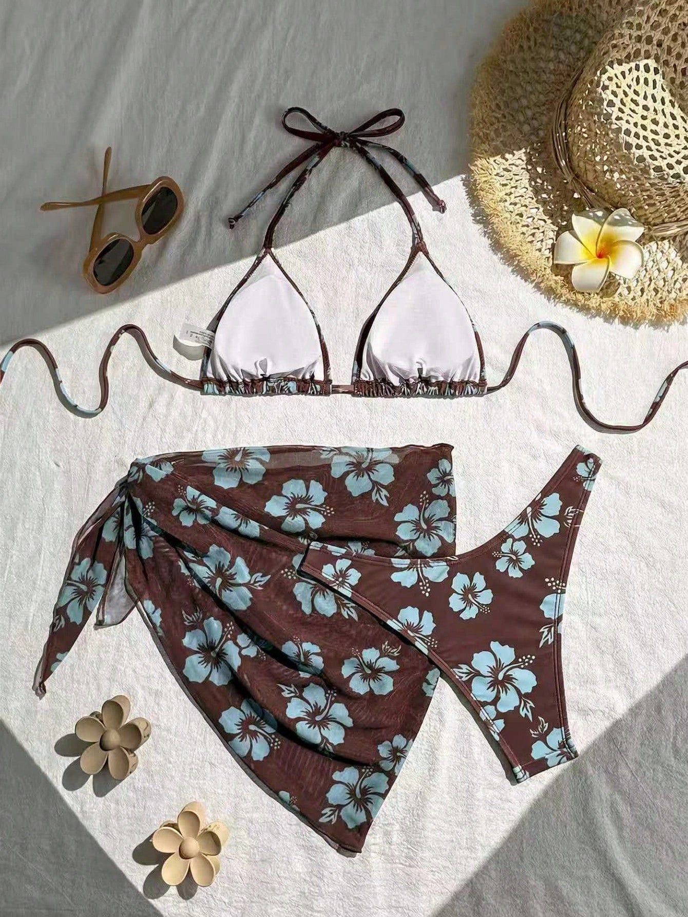 Swim Basics 3pcs/Set Floral Print Halter Neck Bikini With Tie Knot Mini Skirt For Summer Beach Vacation