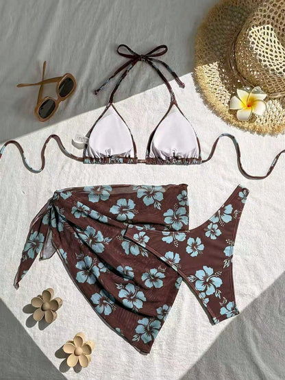 Swim Basics 3pcs/Set Floral Print Halter Neck Bikini With Tie Knot Mini Skirt For Summer Beach Vacation