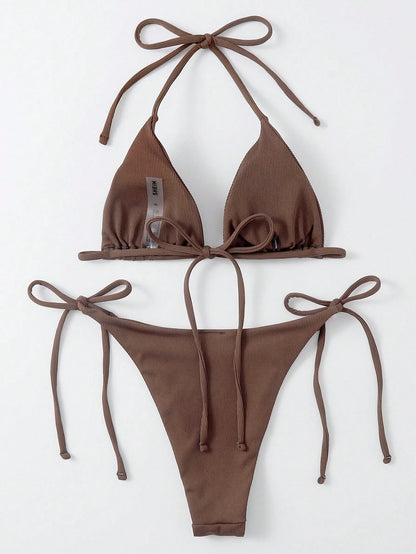 Swim Basics Solid Color Bikini Swimsuit Set- Halter Triangle Top & Cheeky Bottoms, For Beach Vacation For Summer