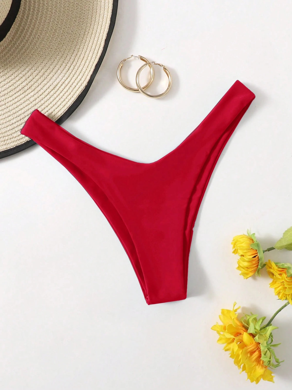 Swim Basics Women's Red Bikini Bottom,Summer Elegant Flowy Beach Holiday,Solid Color Cheeky Thong Swimwear,Simple Vacation Style Basic Bathing Suit SwimsuitsDate