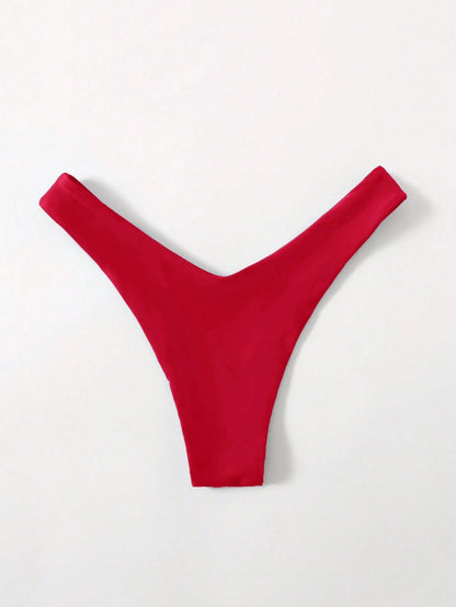 Swim Basics Women's Red Bikini Bottom,Summer Elegant Flowy Beach Holiday,Solid Color Cheeky Thong Swimwear,Simple Vacation Style Basic Bathing Suit SwimsuitsDate