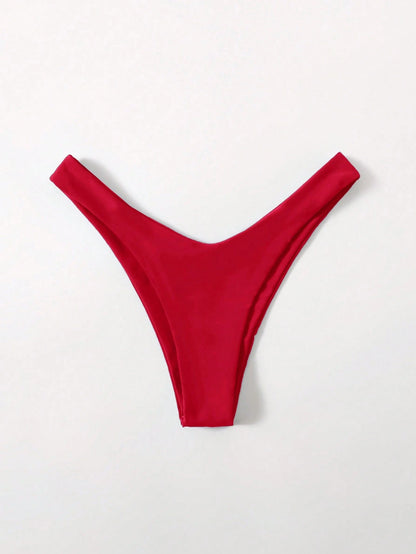 Swim Basics Women's Red Bikini Bottom,Summer Elegant Flowy Beach Holiday,Solid Color Cheeky Thong Swimwear,Simple Vacation Style Basic Bathing Suit SwimsuitsDate