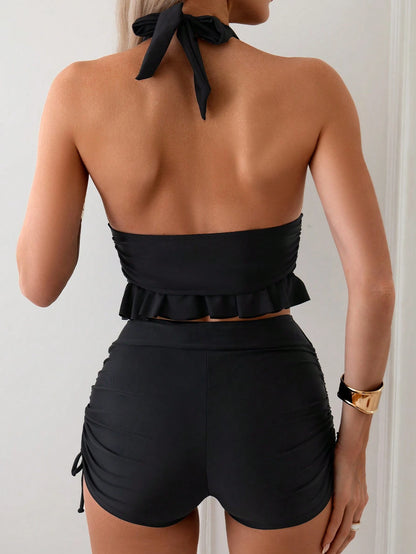 Swim Basics Women's Ruffle Halter Tie Tank Top And Shorts Swimsuit Set