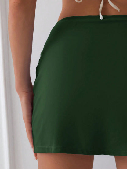 Swim Basics Women's Solid Color Pleated Mini Skirt Swimwear Bottom, Suitable For Summer Beach