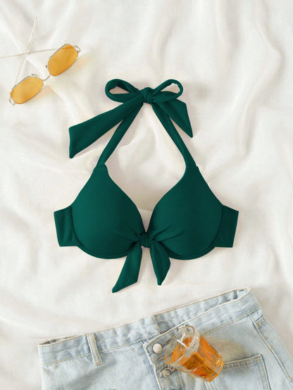 Swim Chiccia 2026 Spring/Summer Push-Up Special Fabric Bow Tie Halter Neck Green Gathering Elegant Women's Bikini Swimwear Top