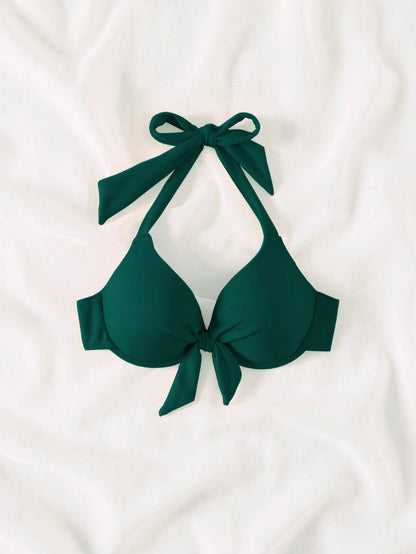 Swim Chiccia 2026 Spring/Summer Push-Up Special Fabric Bow Tie Halter Neck Green Gathering Elegant Women's Bikini Swimwear Top
