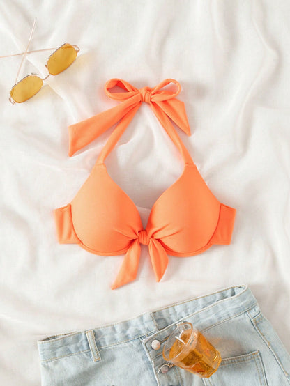 Swim Chiccia 2026 Spring/Summer Push-Up Special Fabric Bow Tie Halter Neck Green Gathering Elegant Women's Bikini Swimwear Top